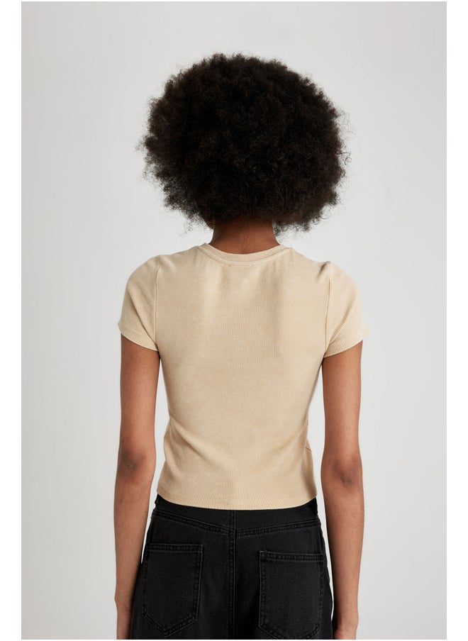 DeFacto - Woman Fitted Crew Neck Knitted Short Sleeve T-Shirt - Image 1