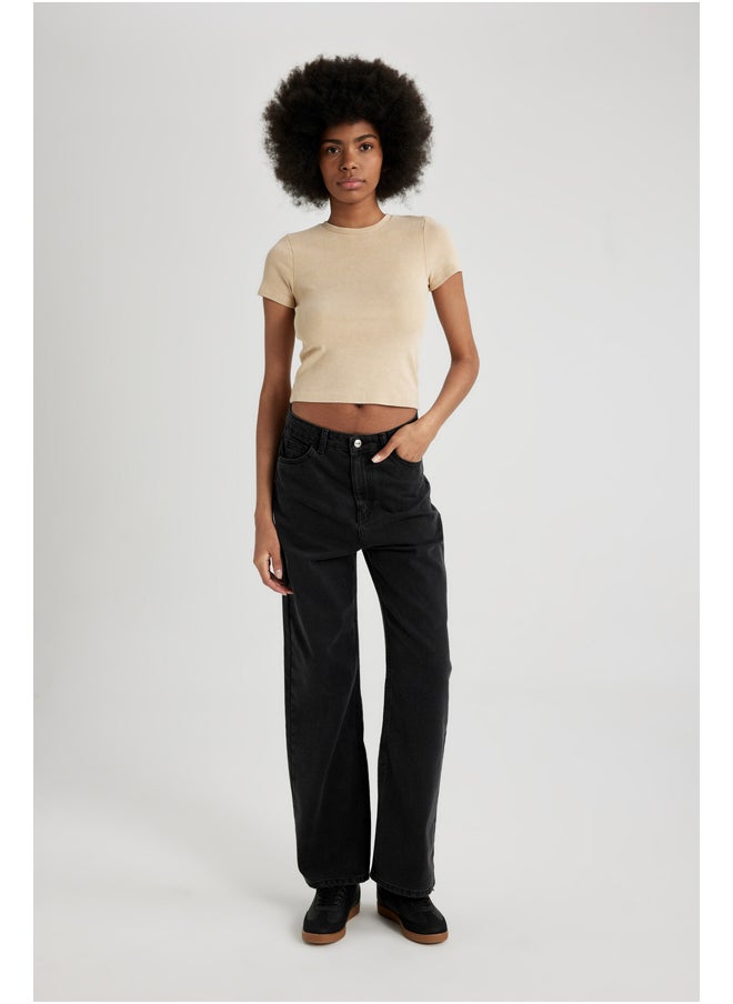 DeFacto - Woman Fitted Crew Neck Knitted Short Sleeve T-Shirt - Image 1