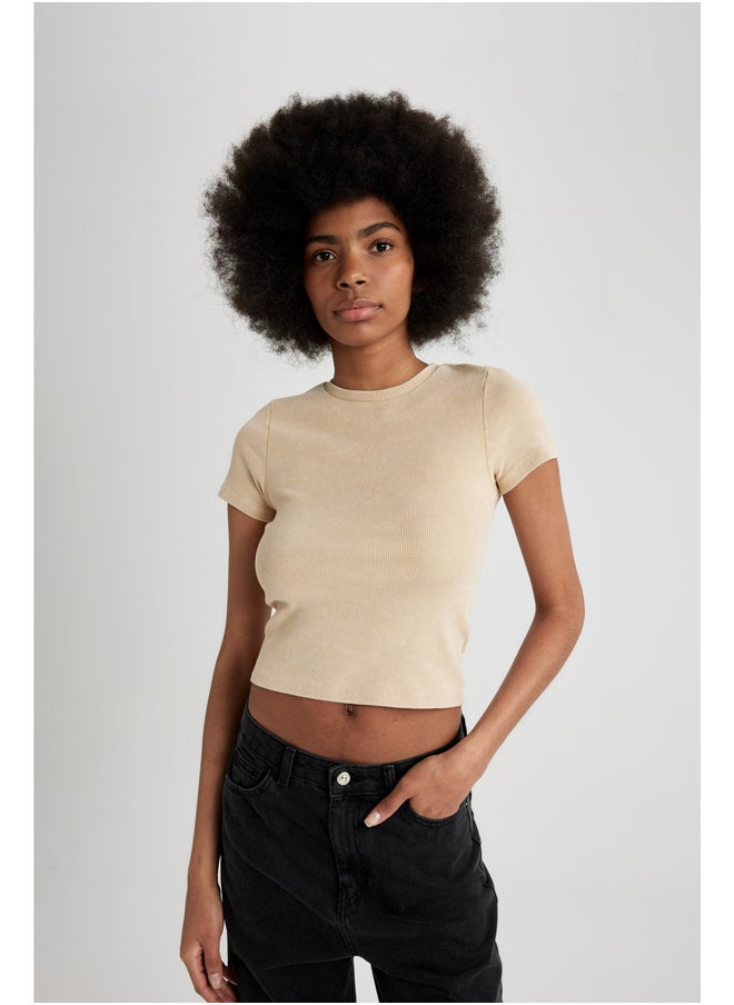 DeFacto - Woman Fitted Crew Neck Knitted Short Sleeve T-Shirt - Image 1