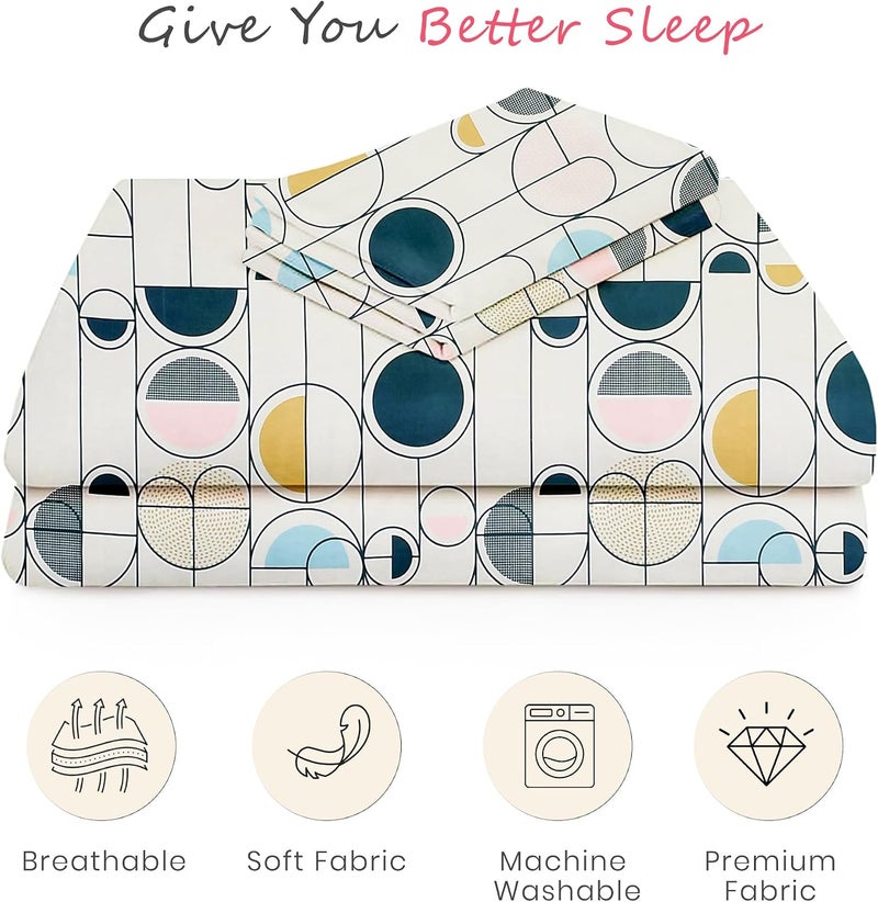 FRESH FROM LOOM فريش فروم لوم - ملاءة سرير كينج من قطن جلاس لسرير مزدوج | ناعمة ومتينة | طباعة زهرية | ألوان مقاومة للبهتان | قماش مضاد للحساسية (المقاس - 90×100، لون أبيض هندسي باستيل) - Image 5