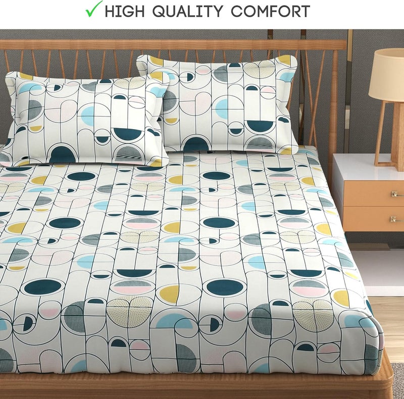 FRESH FROM LOOM فريش فروم لوم - ملاءة سرير كينج من قطن جلاس لسرير مزدوج | ناعمة ومتينة | طباعة زهرية | ألوان مقاومة للبهتان | قماش مضاد للحساسية (المقاس - 90×100، لون أبيض هندسي باستيل) - Image 2