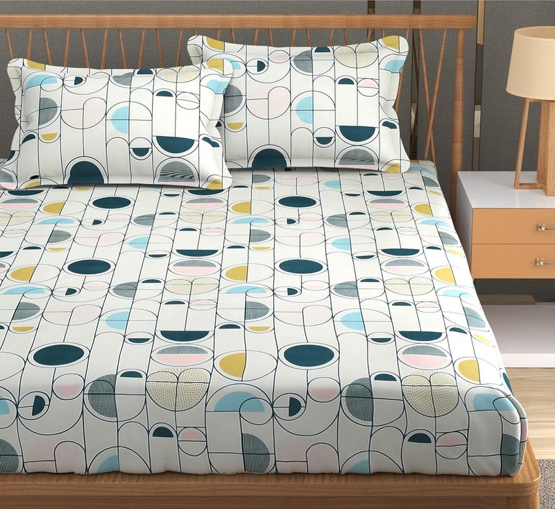 FRESH FROM LOOM فريش فروم لوم - ملاءة سرير كينج من قطن جلاس لسرير مزدوج | ناعمة ومتينة | طباعة زهرية | ألوان مقاومة للبهتان | قماش مضاد للحساسية (المقاس - 90×100، لون أبيض هندسي باستيل) - Image 1