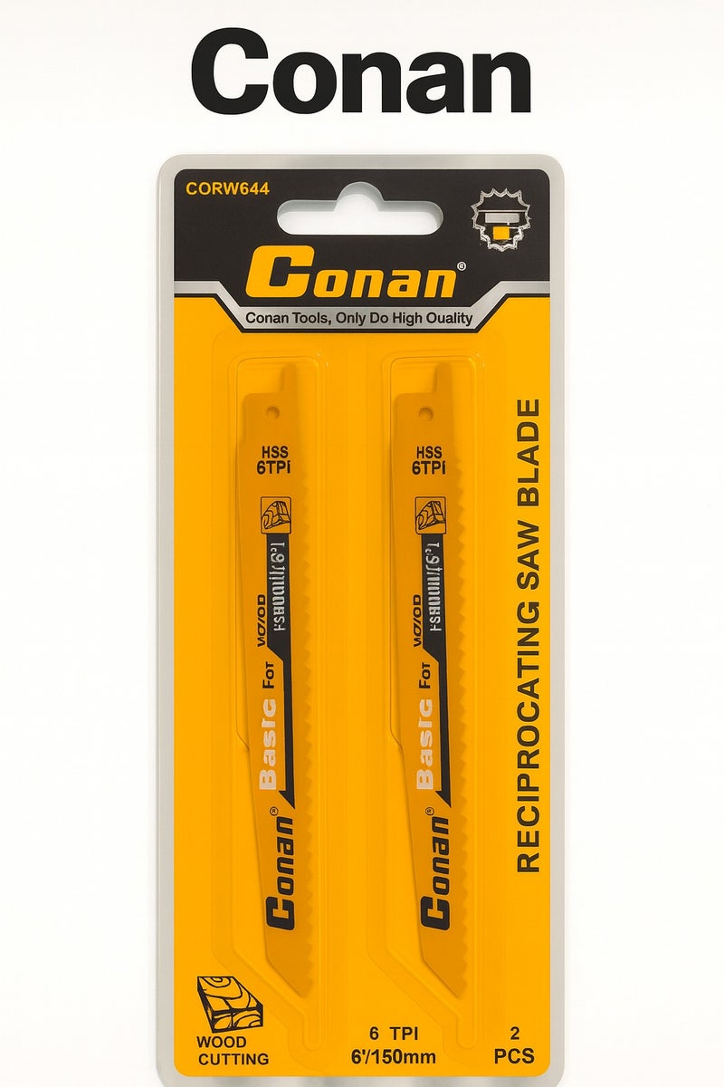Conan 2-Piece 6" (150mm) Reciprocating Saw Blades – Model CORW644, HSS 6TPI for Wood, PVC, and Multi-Purpose Cutting - Image 1