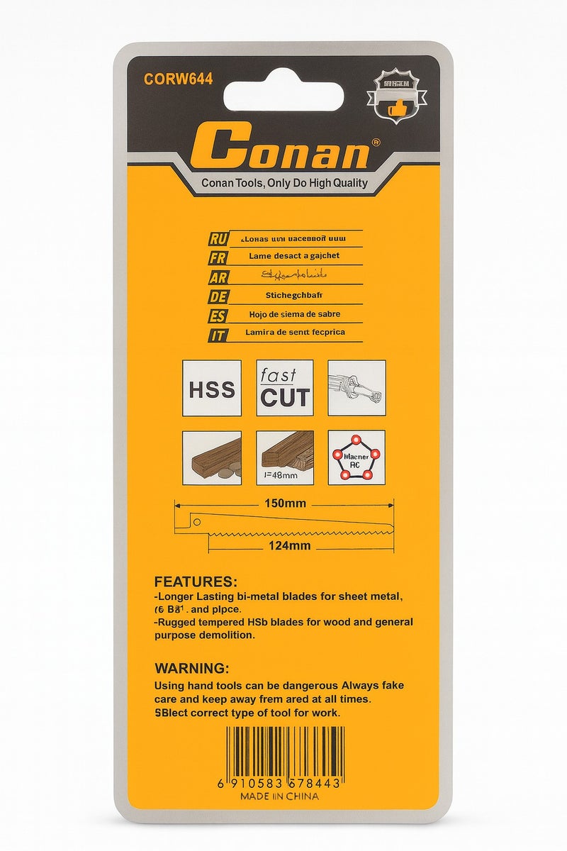 Conan 2-Piece 6" (150mm) Reciprocating Saw Blades – Model CORW644, HSS 6TPI for Wood, PVC, and Multi-Purpose Cutting - Image 2