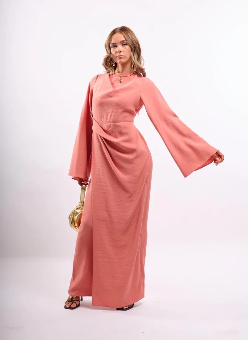 PLEAT WAIST MAXI WITH FLUTE SLEEVE IN TERRACOTTA