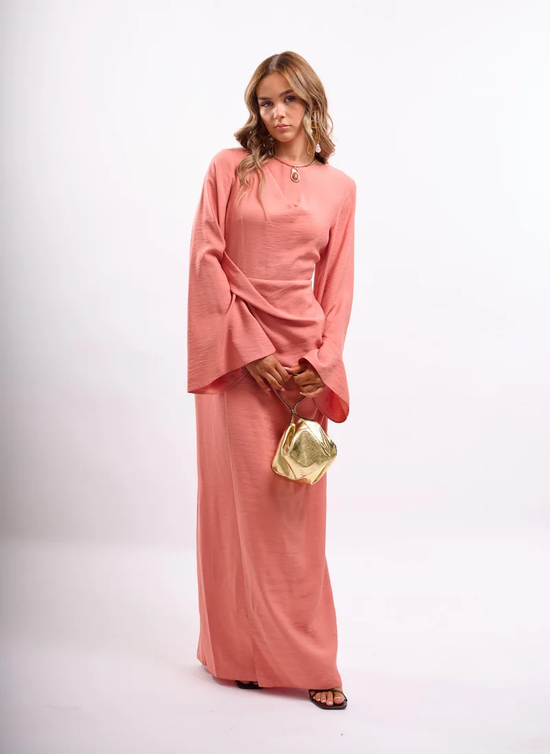 Faia coral pink PLEAT WAIST MAXI WITH FLUTE SLEEVE IN TERRACOTTA for Women | Best Price UAE