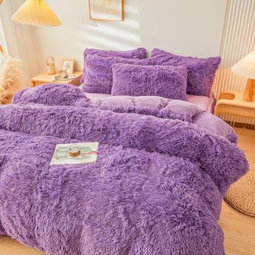 ERLOXO Fluffy Purple Faux Fur Comforter Cover QueenSet，Fluffy Fuzzy Plush Purple Bedding 3Pcs (1 Faux Fur Duvet Cover +2 Fuzzy Pillowcases) Plush Bed Set Queen - Image 3