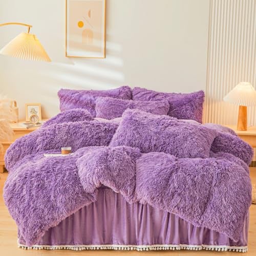 ERLOXO Fluffy Purple Faux Fur Comforter Cover QueenSet，Fluffy Fuzzy Plush Purple Bedding 3Pcs (1 Faux Fur Duvet Cover +2 Fuzzy Pillowcases) Plush Bed Set Queen - Image 1