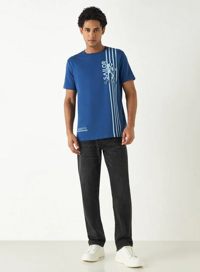 SP Characters Popeye the Sailor Man Print Crew Neck T-shirt with Short Sleeves