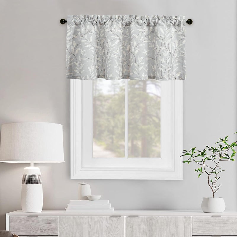 VOGOL Grey Window Valances for Farmhouse, 1 Panel Leaves Printed Linen Look Kitchen Valance, W 42 x L 18 Mini Size Country Style Rod Pocket Curtains for Sliding Door - Image 3