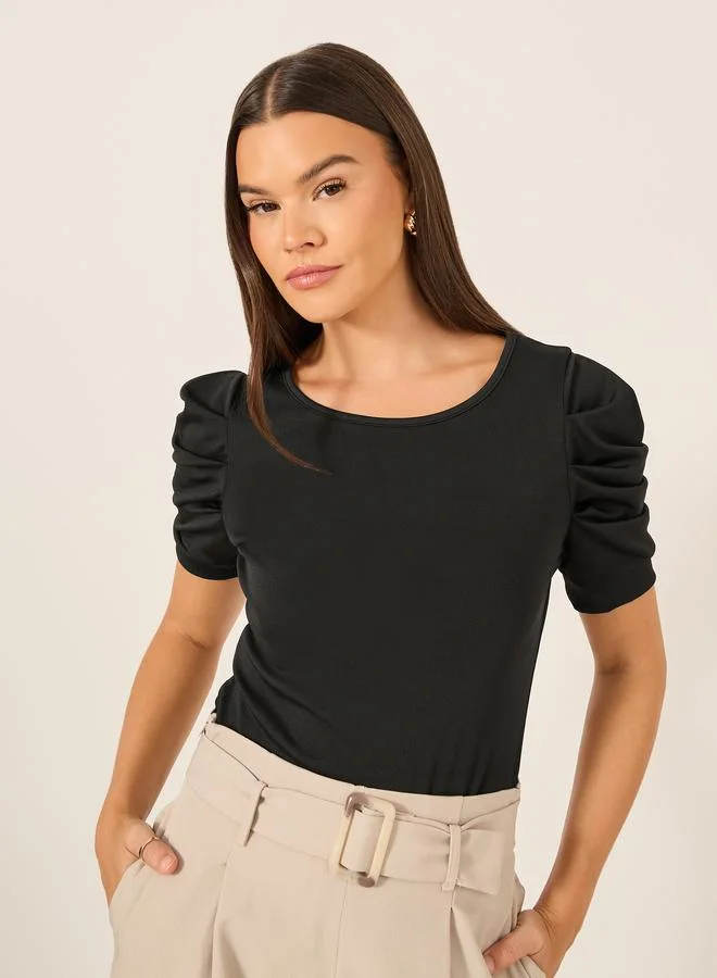 تايك تو Take Two Solid Puff Sleeves Slim Fit T-Shirt with Back Bow Detail
