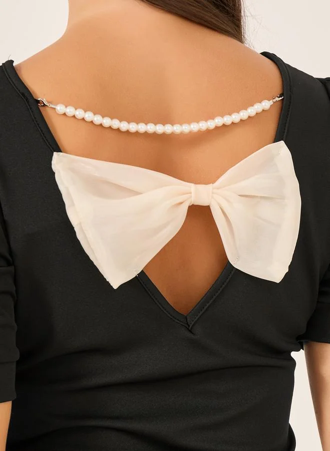 تايك تو Take Two Solid Puff Sleeves Slim Fit T-Shirt with Back Bow Detail