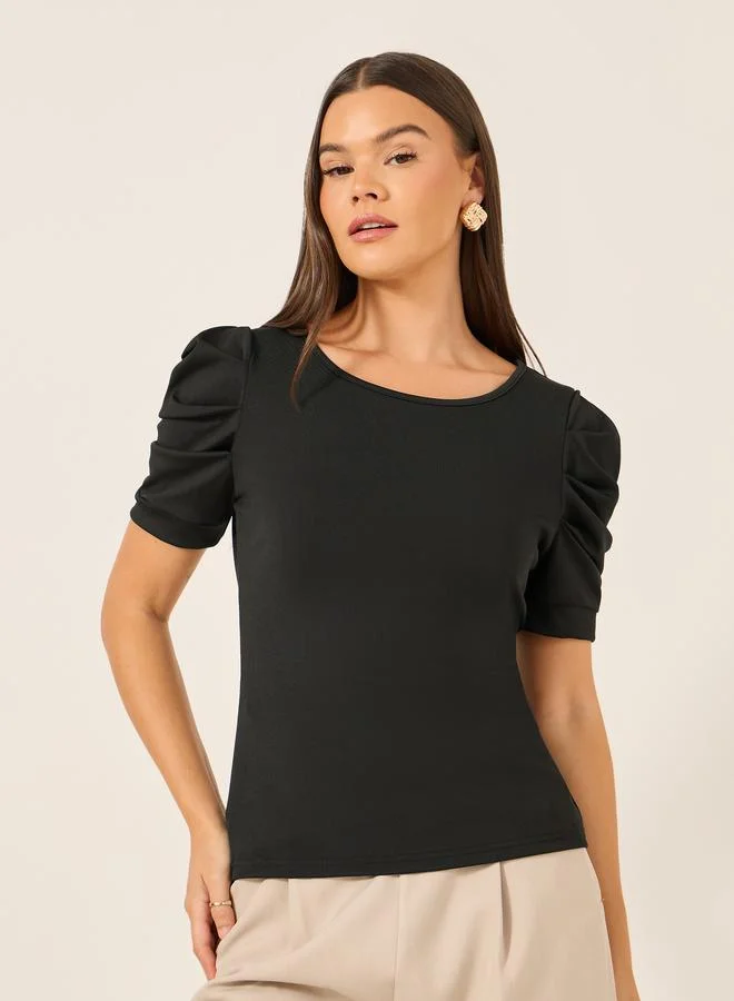 تايك تو Take Two Solid Puff Sleeves Slim Fit T-Shirt with Back Bow Detail
