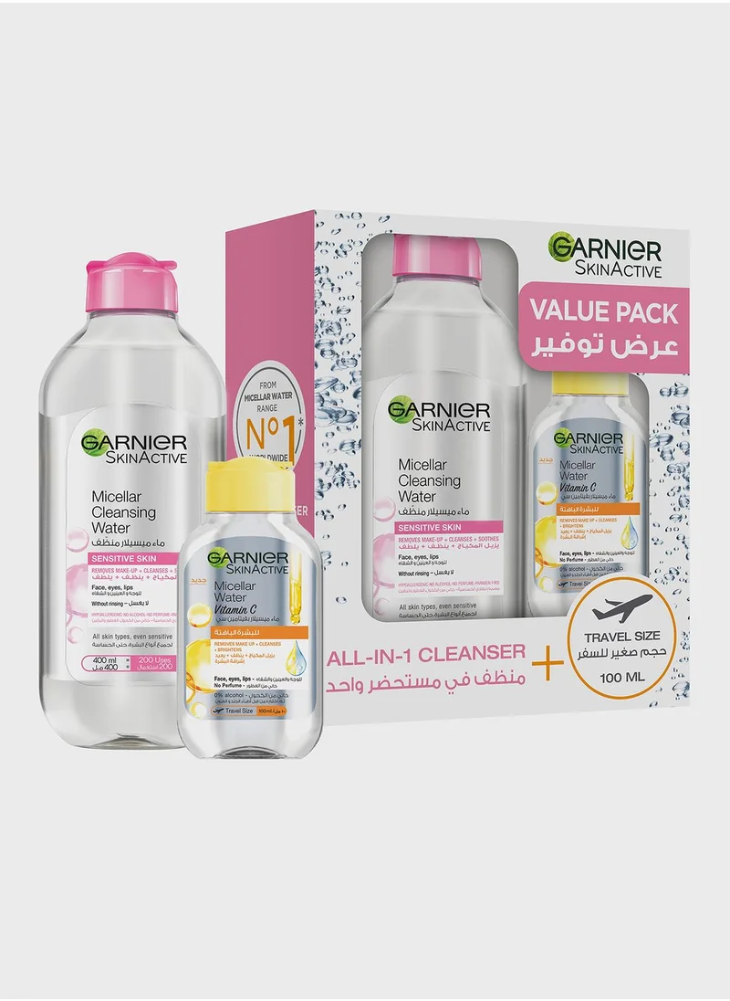 Garnier SkinActive Micellar Cleansing Water Classic 400ml + Micellar Water Bright with Vitamin C 100ml, Savings 27%