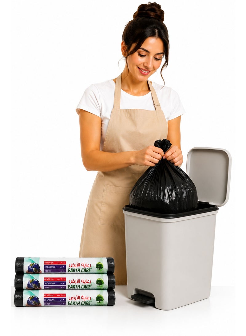 Earth Care Garbage Bags 30 Gallon, 3 Rolls (60 Bags Total), 60 × 90cm Heavy Duty Leak-Proof Black Trash Bags for Kitchen, Home, Office & Outdoor Waste Disposal - Image 1