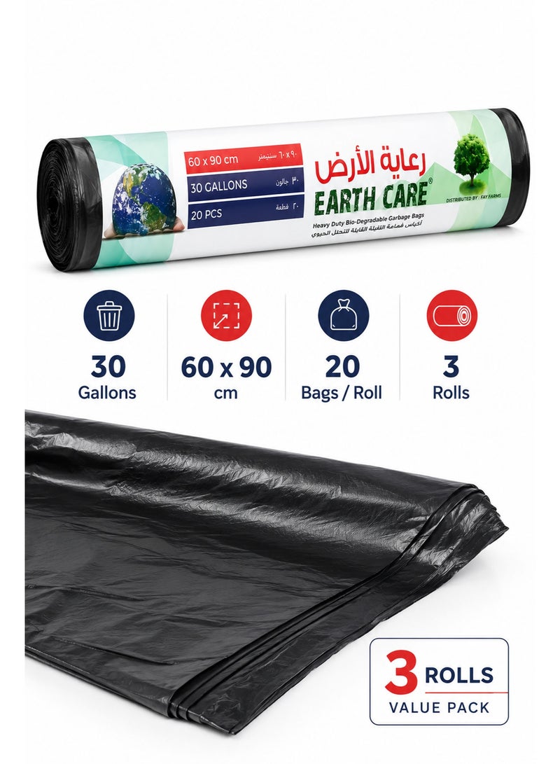 Earth Care Garbage Bags 30 Gallon, 3 Rolls (60 Bags Total), 60 × 90cm Heavy Duty Leak-Proof Black Trash Bags for Kitchen, Home, Office & Outdoor Waste Disposal - Image 3