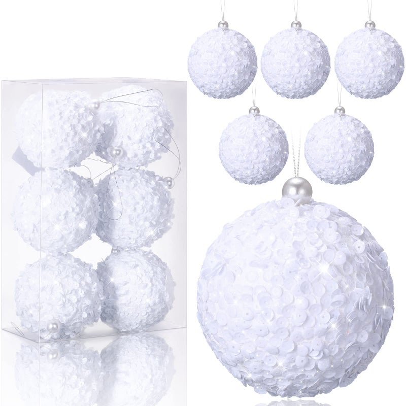 Threan 6 Pcs 393 White Ball Christmas Ornaments Large Glitter Christmas Ball Ornament Sequin Foam Hanging Decorations for Xmas Wedding Party Holiday Decor