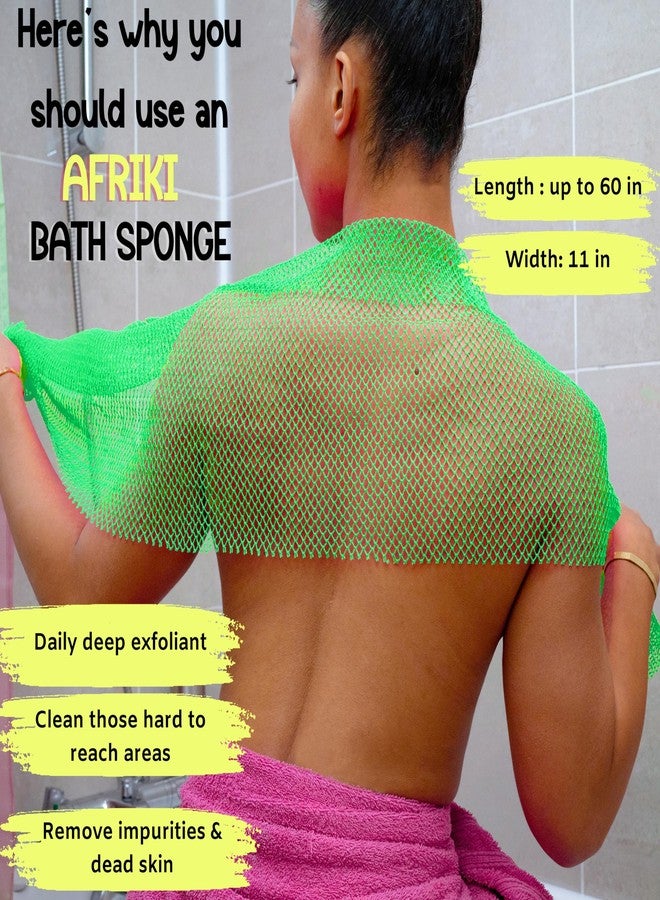 AFRIKI African Net Sponge, Premium Authentic Exfoliating Body Scrubber, Extra Long Stretch Bath Sponge for Shower, Deep Exfoliating Washcloth for Smooth Skin, 2 Pack (Purple & Green) - Image 4