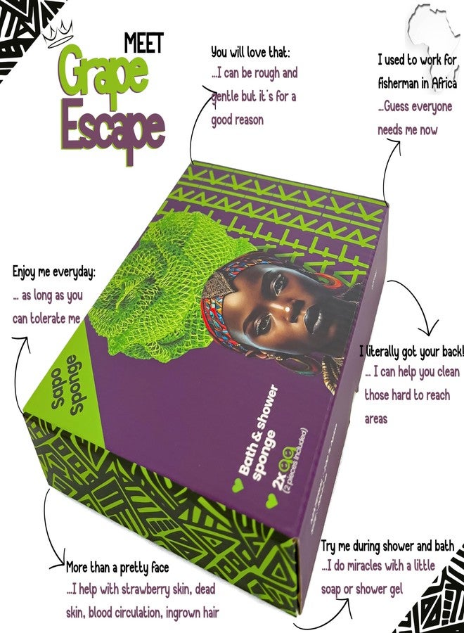 AFRIKI African Net Sponge, Premium Authentic Exfoliating Body Scrubber, Extra Long Stretch Bath Sponge for Shower, Deep Exfoliating Washcloth for Smooth Skin, 2 Pack (Purple & Green) - Image 3