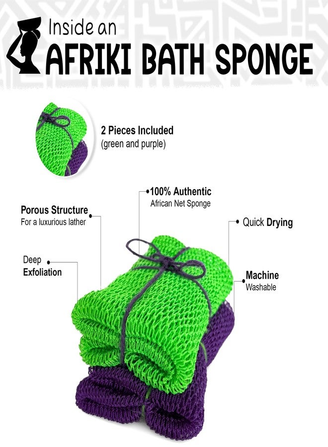 AFRIKI African Net Sponge, Premium Authentic Exfoliating Body Scrubber, Extra Long Stretch Bath Sponge for Shower, Deep Exfoliating Washcloth for Smooth Skin, 2 Pack (Purple & Green) - Image 2