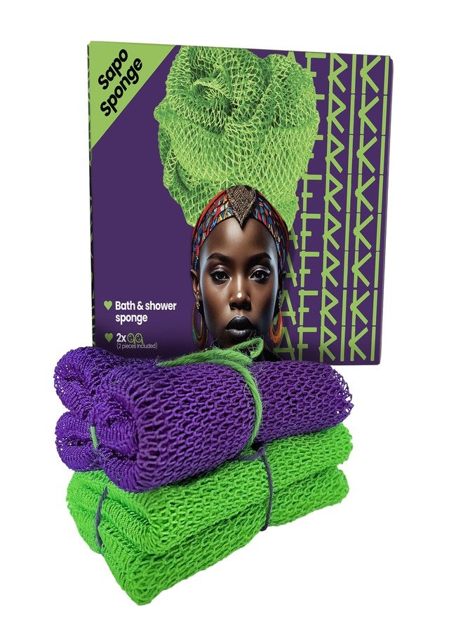 AFRIKI African Net Sponge, Premium Authentic Exfoliating Body Scrubber, Extra Long Stretch Bath Sponge for Shower, Deep Exfoliating Washcloth for Smooth Skin, 2 Pack (Purple & Green) - Image 1