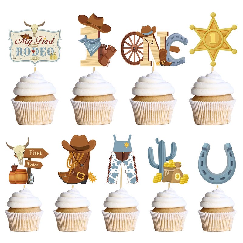 Wxiben My First Rodeo Decorations Boy, 36PCS First Rodeo Cupcake Topper Birthday Decor, Western Cowboy 1st Bday Party Cake Decor Supplies - Image 1