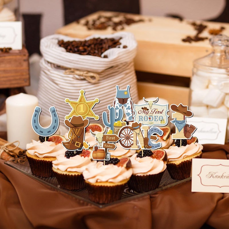 Wxiben My First Rodeo Decorations Boy, 36PCS First Rodeo Cupcake Topper Birthday Decor, Western Cowboy 1st Bday Party Cake Decor Supplies - Image 5
