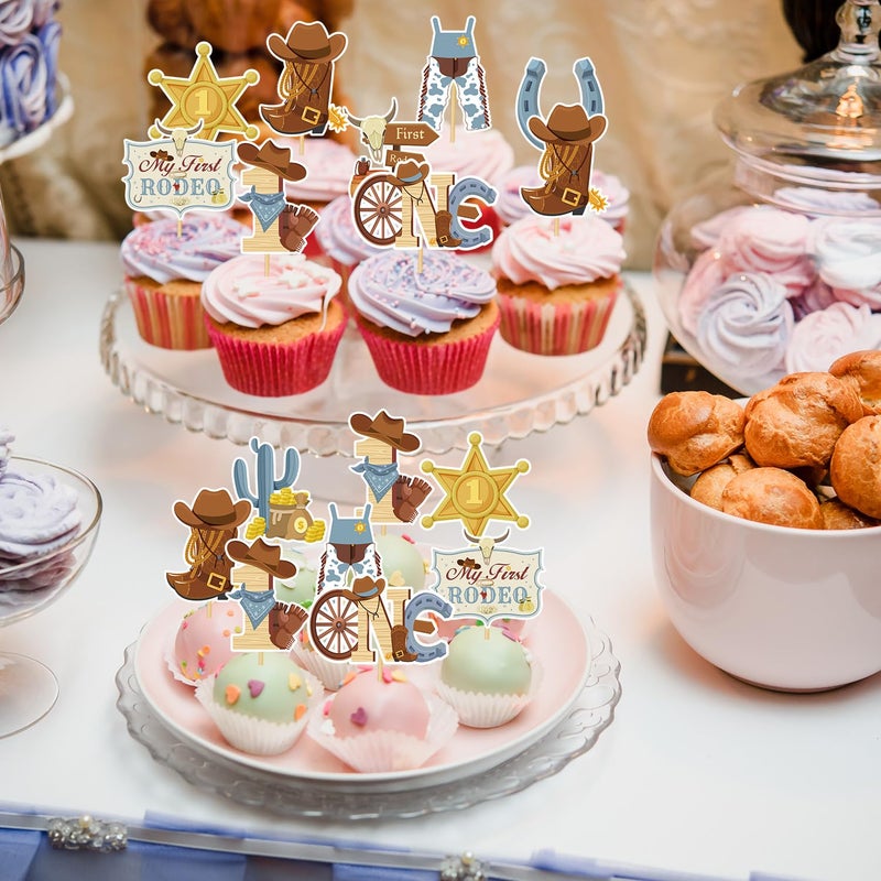 Wxiben My First Rodeo Decorations Boy, 36PCS First Rodeo Cupcake Topper Birthday Decor, Western Cowboy 1st Bday Party Cake Decor Supplies - Image 4