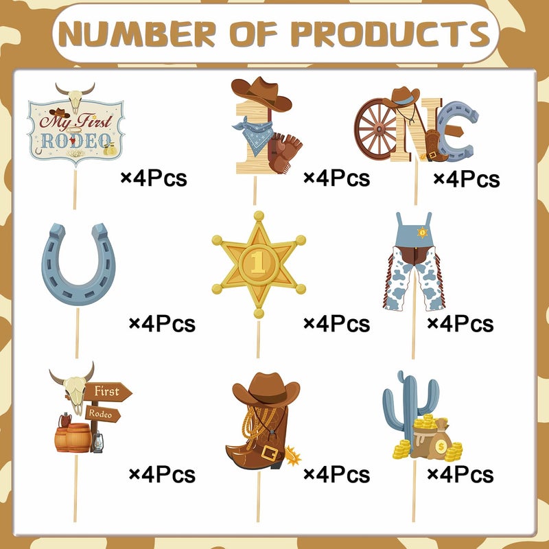 Wxiben My First Rodeo Decorations Boy, 36PCS First Rodeo Cupcake Topper Birthday Decor, Western Cowboy 1st Bday Party Cake Decor Supplies - Image 3