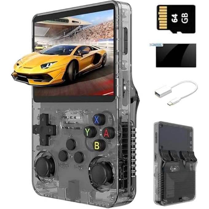 R36S RETRO GAME CONSOLE 3.5" IPS, 64GB 15000+ GAMES, 13+ EMULATORS, PORTABLE HANDHELD FOR KIDS/ADULTS (TRANSPARENT BLACK) - Image 1