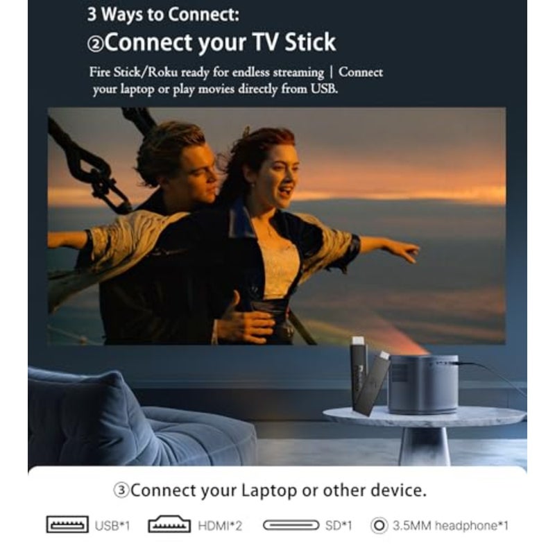 جهاز عرض صغير بدقة 1080 بكسل عالي الدقة، جهاز عرض أفلام محمول يدعم 4K - شاشة عرض 200 بوصة، مكبر صوت مدمج، حجر مفاتيح تلقائي، تركيز تلقائي، متوافق مع الهاتف الذكي/الكمبيوتر اللوحي/الكمبيوتر المحمول/HDMI/USB-مثالي للمسرح الخارجي والمنزلي - Image 4