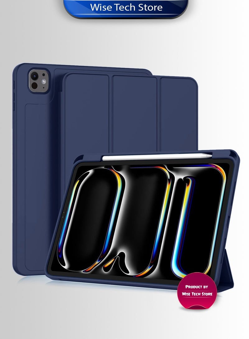 Wtech Apple iPad Pro 11 5G 2025 (M5) 11 inch Smart Flip Auto Awake/Auto Sleep Leather Texture with Pen Holder Case Cover (TCFPSR) - Navy Blue - Image 1