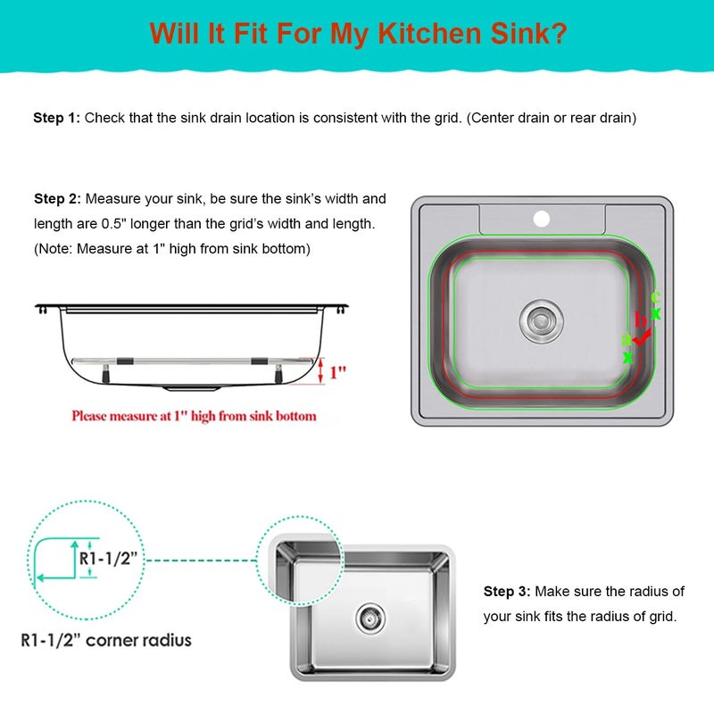 Orgneas Sink Protectors for Kitchen Sink, Universal Double Bowl Sink Bottom Grid 13.2"x11.6"x1.25", 304 Premium Stainless Steel Kitchen Sink Protector Grid Sink Grate Rack Rear Drain 2 Packs - Image 5