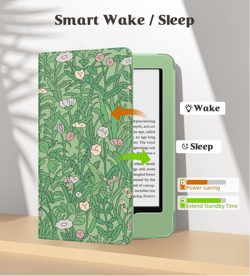 MoKo Case for All-New 6" Kindle(11th Generation, 2024/2022 Release)/(10th Gen,2019)/Kindle(8th Gen, 2016), Ultra Lightweight PU Shell Cover with Auto Wake/Sleep for Kindle 2024, Green Flower - Image 5