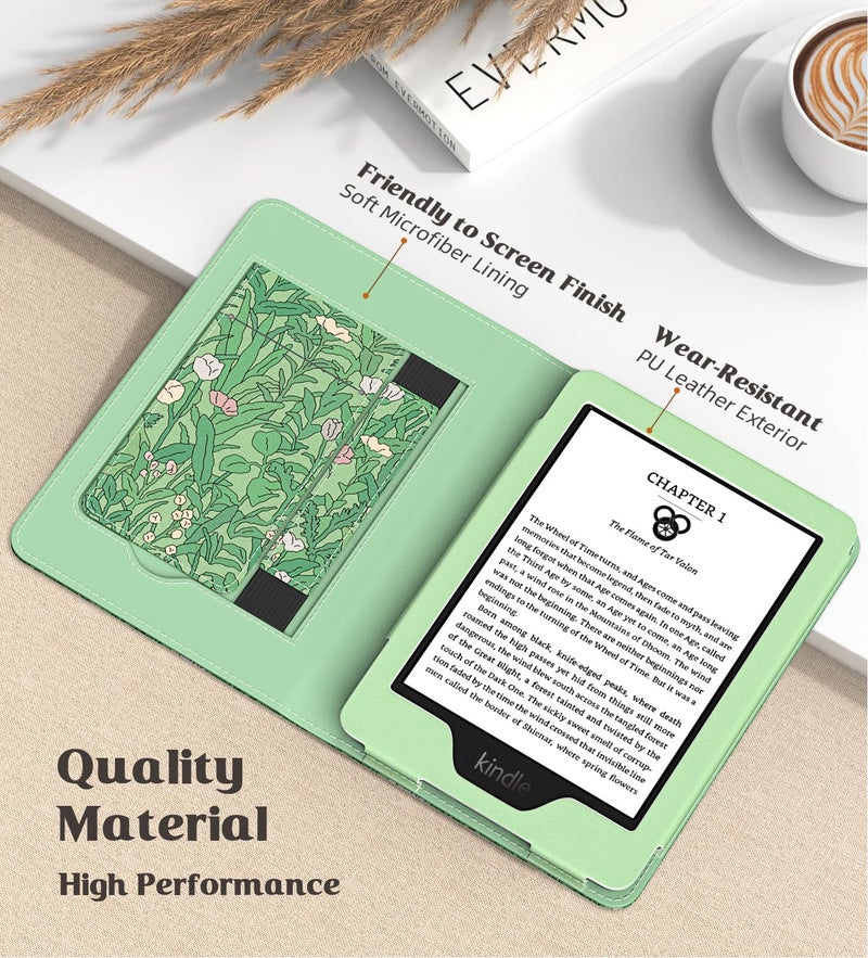 MoKo Case for All-New 6" Kindle(11th Generation, 2024/2022 Release)/(10th Gen,2019)/Kindle(8th Gen, 2016), Ultra Lightweight PU Shell Cover with Auto Wake/Sleep for Kindle 2024, Green Flower - Image 4