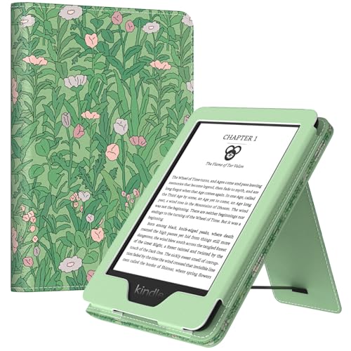 MoKo Case for All-New 6" Kindle(11th Generation, 2024/2022 Release)/(10th Gen,2019)/Kindle(8th Gen, 2016), Ultra Lightweight PU Shell Cover with Auto Wake/Sleep for Kindle 2024, Green Flower - Image 1