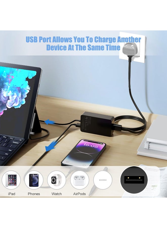 Zexen Surface Charger 65W Compatible with Microsoft Surface Laptop Charger Fit for Surface Pro 11 10 9 8 X 7+ 7 6 5 4 3 Power Supply with 5V 1A USB Charging Port for Phone & Accessories - Image 2