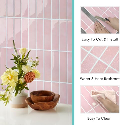 Commomy Peel and Stick Tile Backsplash - 10 Pcs of 12'' x 12'' Vertical 3D Peel and Stick Backsplash for Kitchen and Bathroom Interior Wall Tile, Pink (Glossy Surface, Covers 10 sq.ft) - Image 4