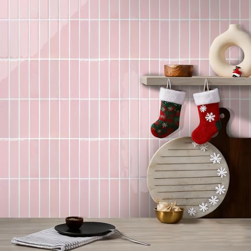 Commomy Peel and Stick Tile Backsplash - 10 Pcs of 12'' x 12'' Vertical 3D Peel and Stick Backsplash for Kitchen and Bathroom Interior Wall Tile, Pink (Glossy Surface, Covers 10 sq.ft) - Image 2