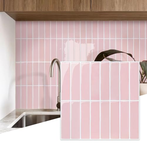 Commomy Peel and Stick Tile Backsplash - 10 Pcs of 12'' x 12'' Vertical 3D Peel and Stick Backsplash for Kitchen and Bathroom Interior Wall Tile, Pink (Glossy Surface, Covers 10 sq.ft) - Image 1