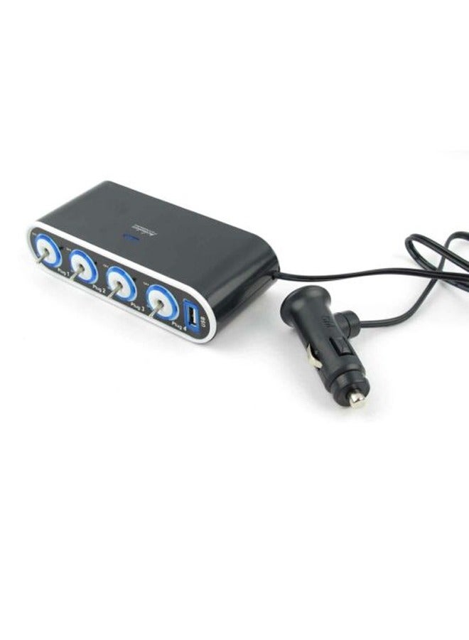 Taimi 4 Way Car Cigarette Lighter Socket Splitter + USB + LED Light Control, Blac H1A9 - Image 3