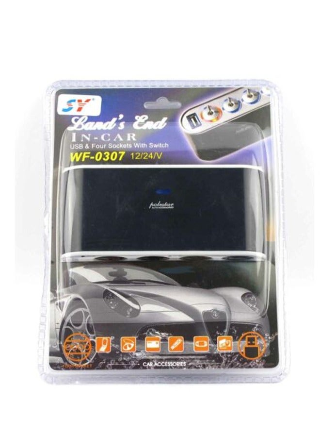 Taimi 4 Way Car Cigarette Lighter Socket Splitter + USB + LED Light Control, Blac H1A9 - Image 5