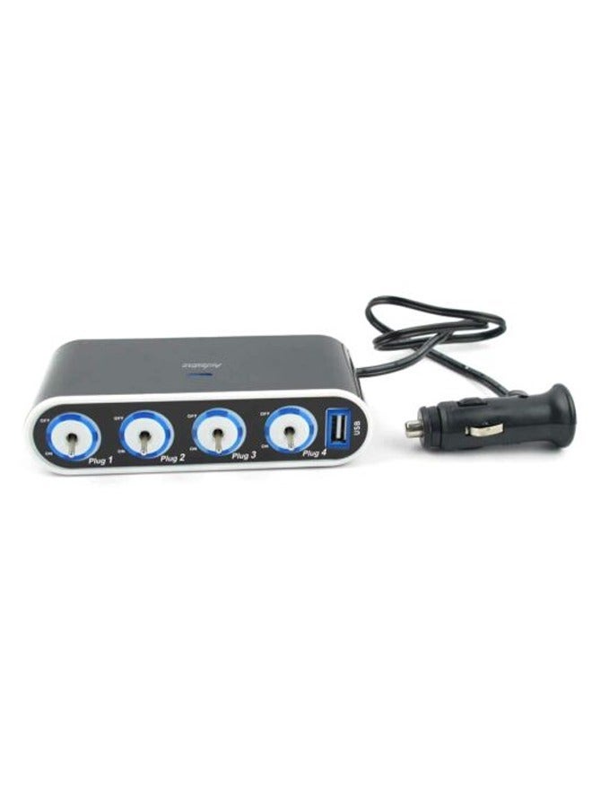 Taimi 4 Way Car Cigarette Lighter Socket Splitter + USB + LED Light Control, Blac H1A9 - Image 1