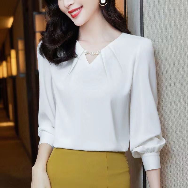 High-end Chiffon V Neck White Shirt for Women Spring and Autum New 2023 Bottoming Shirt Top Fashionable Professional White high quality fabric