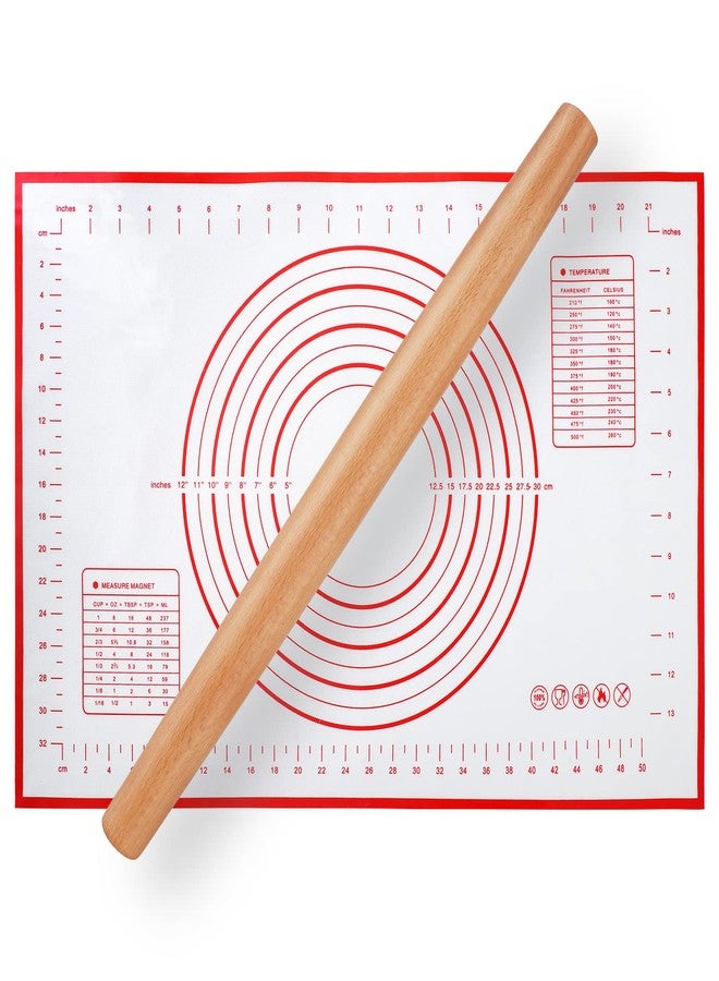 Quellance Wood French Rolling Pin for Baking, QUELLANCE Wooden Dough Roller with Silicone Baking Mat, Beech Wood Rolling Pins for Baking Dough, Pizza, Pie, Pastries, Pasta and Cookies,Red Pastry Mat - Image 1