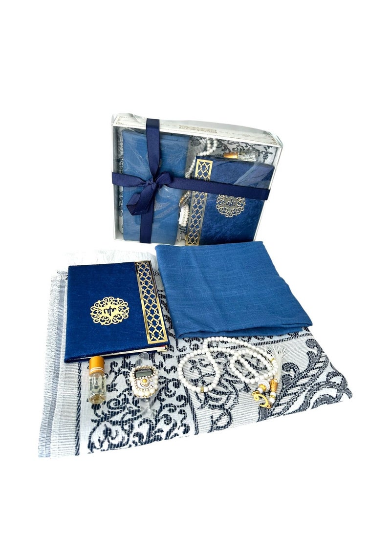 Sajadati Deluxe Muslim Prayer Gift Set – Holy Quran, Premium Salah Mat, Head Scarf, Tasbih Beads & Digital Counter, Oud Oil – Elegant Dark Navy Blue Islamic Gift for Ramadan, Eid & Special Occasions  - Image 4