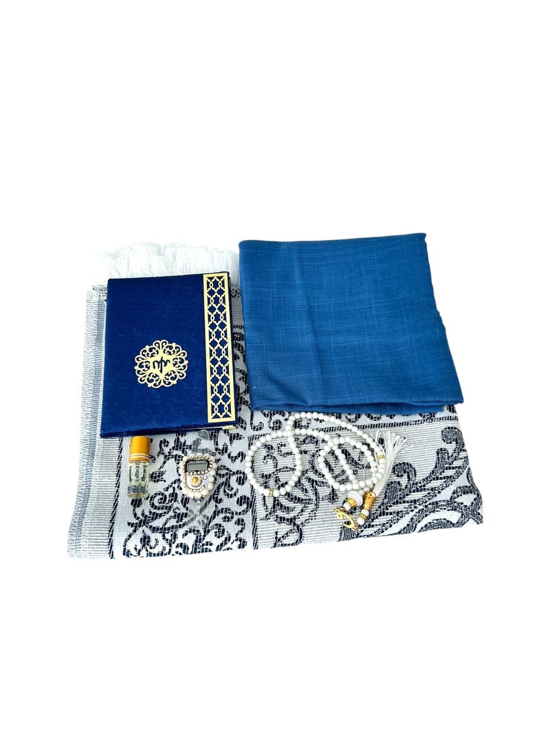 Sajadati Deluxe Muslim Prayer Gift Set – Holy Quran, Premium Salah Mat, Head Scarf, Tasbih Beads & Digital Counter, Oud Oil – Elegant Dark Navy Blue Islamic Gift for Ramadan, Eid & Special Occasions  - Image 2