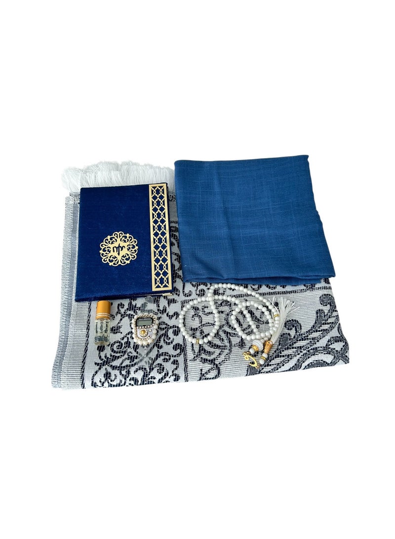 Sajadati Deluxe Muslim Prayer Gift Set – Holy Quran, Premium Salah Mat, Head Scarf, Tasbih Beads & Digital Counter, Oud Oil – Elegant Dark Navy Blue Islamic Gift for Ramadan, Eid & Special Occasions  - Image 1