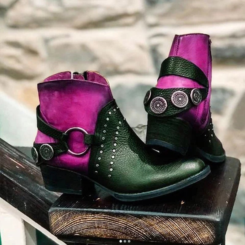 Round Toe Low Heel Colorblock Large Size Women'S Fashion Boots Ankle Boots - Image 4