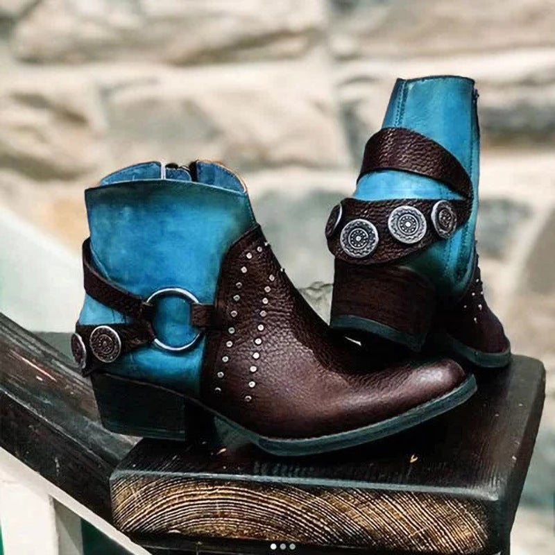 Round Toe Low Heel Colorblock Large Size Women'S Fashion Boots Ankle Boots - Image 1